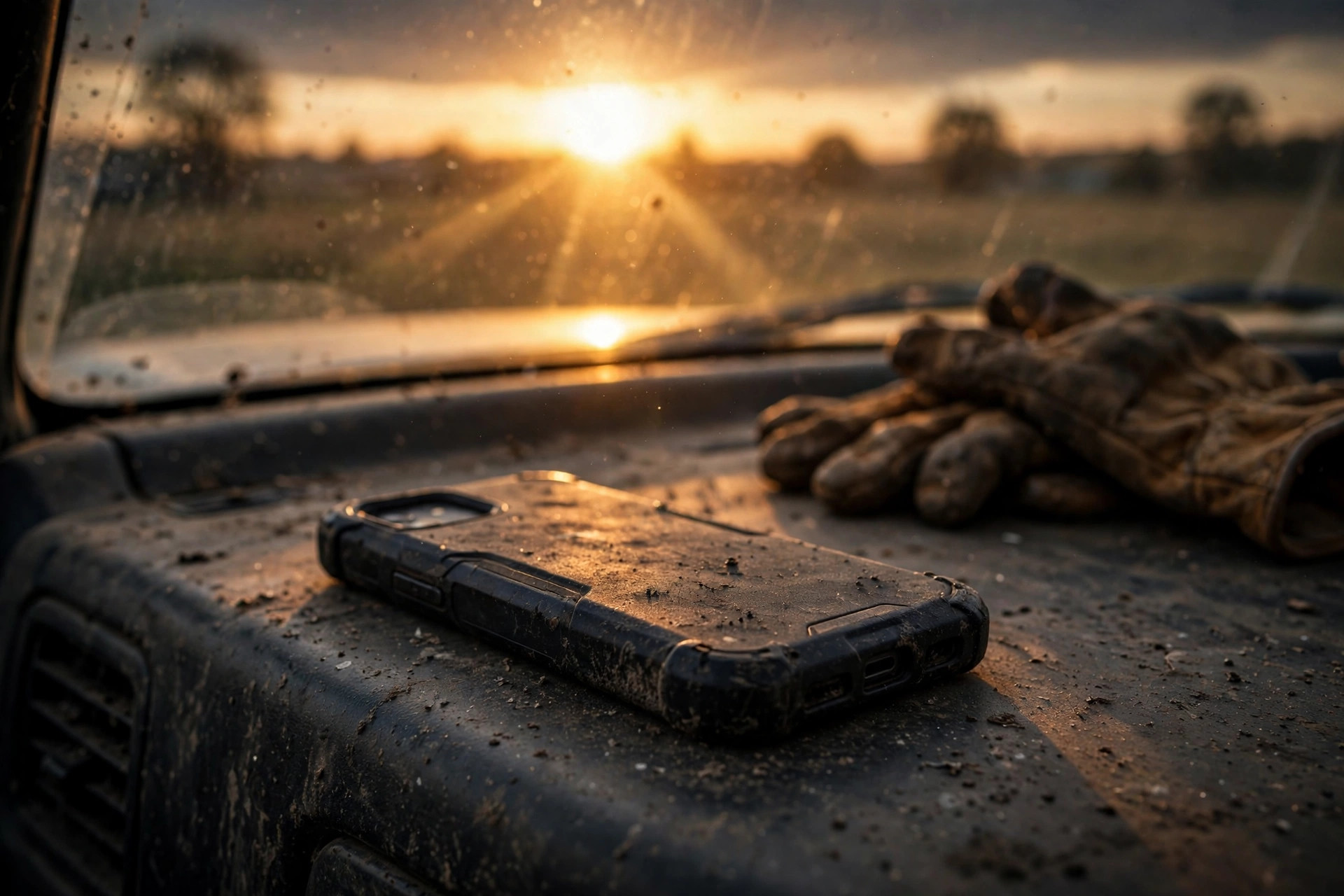 A missed call on a phone resting on a work-truck dashboard at sunset